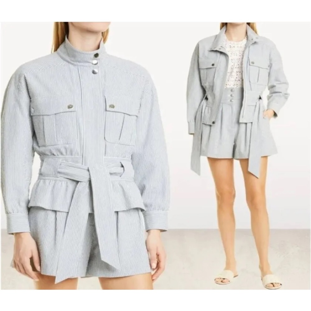 VERONICA BEARD
YORK Bomber Jacket in Blue/White Seersucker Final Markdown